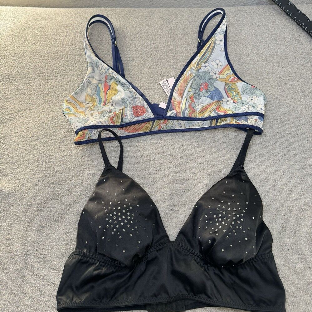 Victoria's Secret Bralette Set of 2 Black Satin Rhinestone Sheer Retro Women M